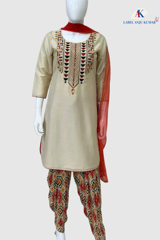 Beige Crape Silk Suit with Printed Muslin Salwar & Contrast Dupatta – Elegant Women’s Ethnic Wear