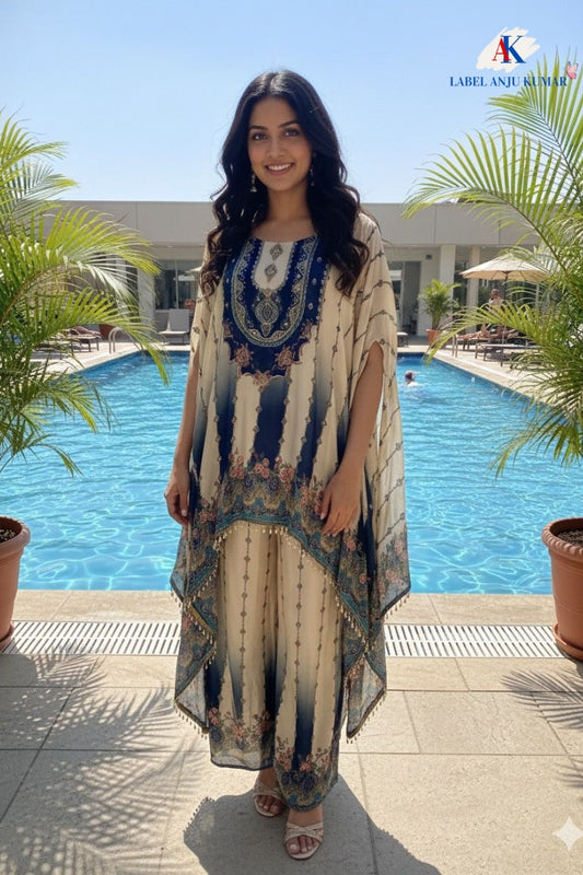 Blue Print Crape Silk Kaftan C-Cut Coord Set – Formal Wear Women’s Ethnic Outfit