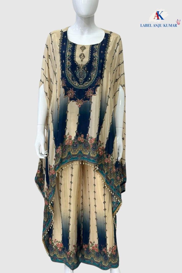 Blue Print Crape Silk Kaftan C-Cut Coord Set – Formal Wear Women’s Ethnic Outfit