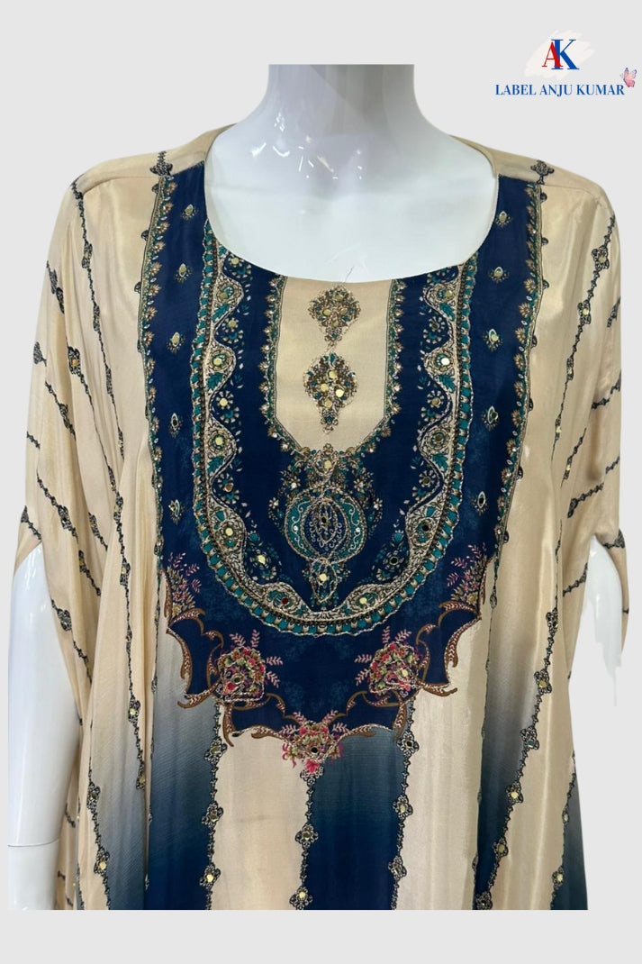 Blue Print Crape Silk Kaftan C-Cut Coord Set – Formal Wear Women’s Ethnic Outfit