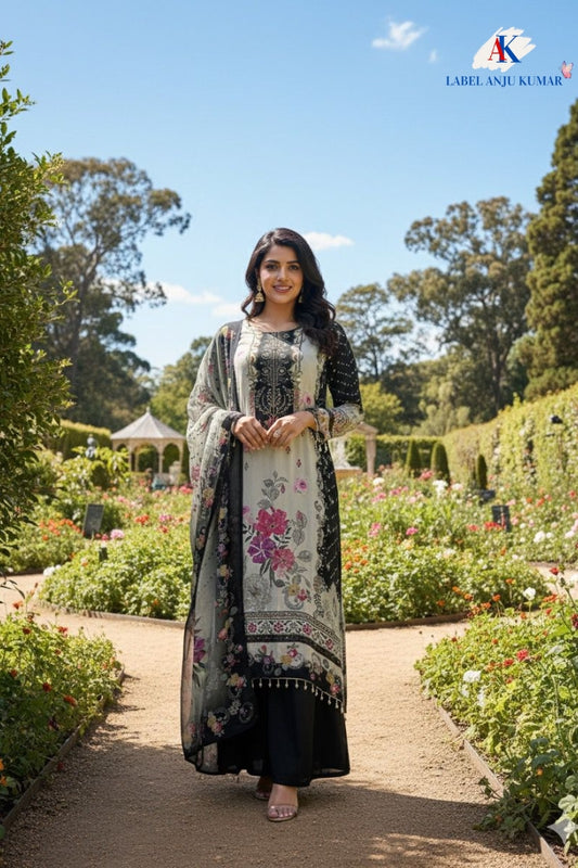 Black Printed Natural Crape Silk C-Cut Suit Dupatta Set – Formal Wear Women’s Ethnic Outfit