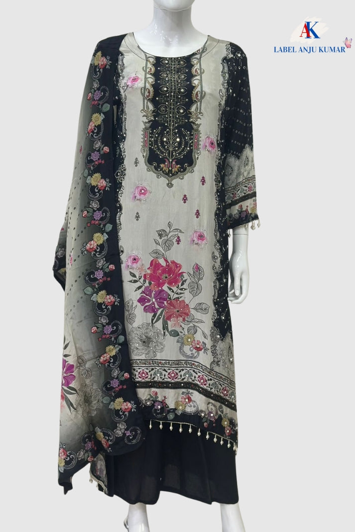 Black Printed Natural Crape Silk C-Cut Suit Dupatta Set – Formal Wear Women’s Ethnic Outfit
