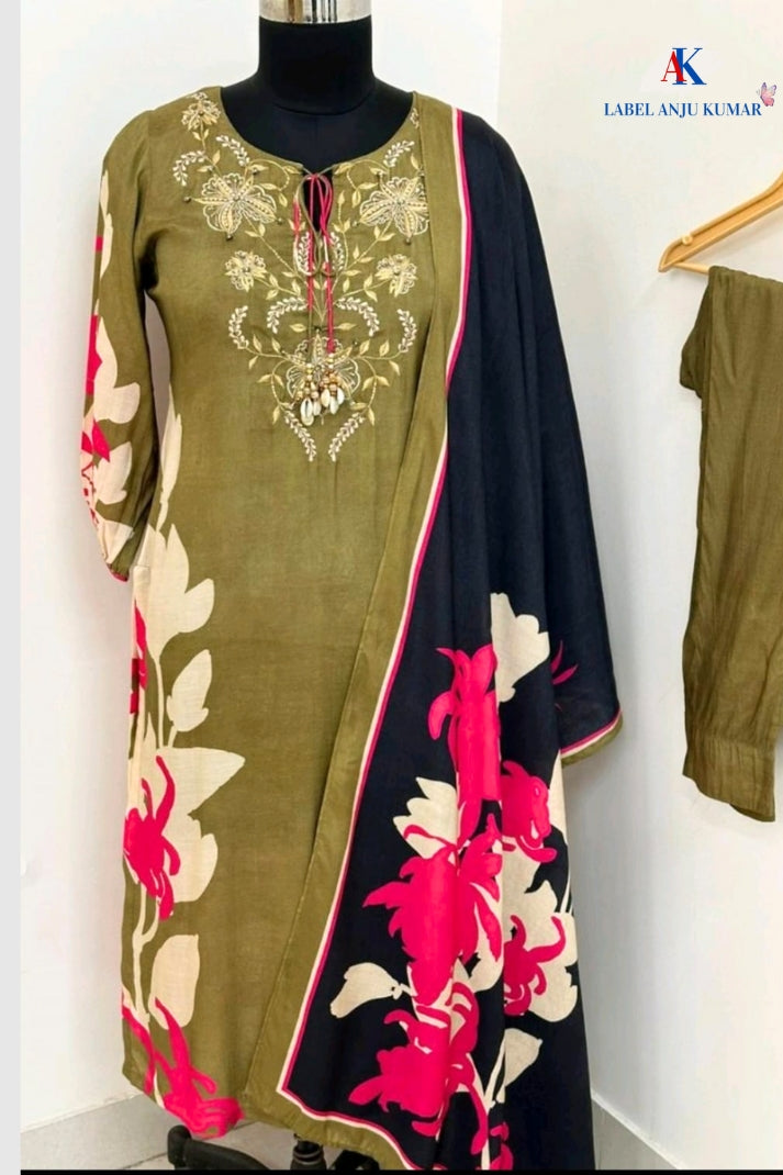 Mehendi Green Muslin Printed Straight Suit Dupatta Set – Semi Formal Women’s Ethnic Wear