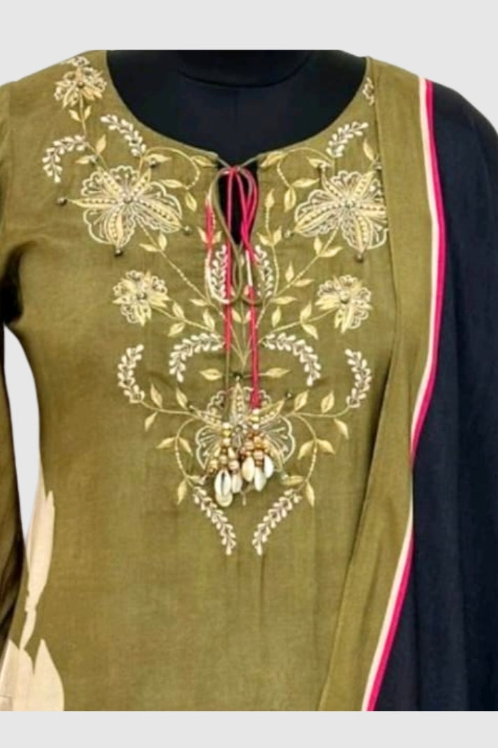 Mehendi Green Muslin Printed Straight Suit Dupatta Set – Semi Formal Women’s Ethnic Wear