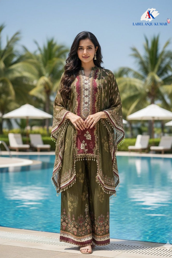 Green Print Crape Silk Kaftan C-Cut Coord Set – Elegant Formal Women’s Ethnic Wear