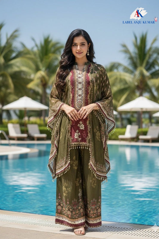 Green Print Crape Silk Kaftan C-Cut Coord Set – Elegant Formal Women’s Ethnic Wear