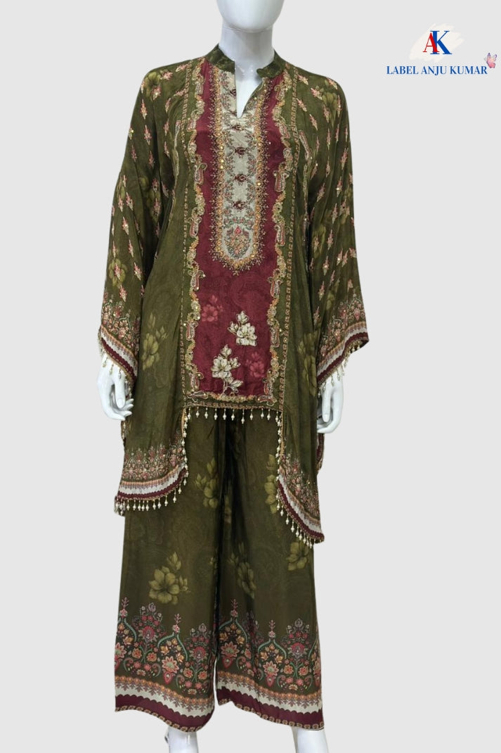 Green Print Crape Silk Kaftan C-Cut Coord Set – Elegant Formal Women’s Ethnic Wear
