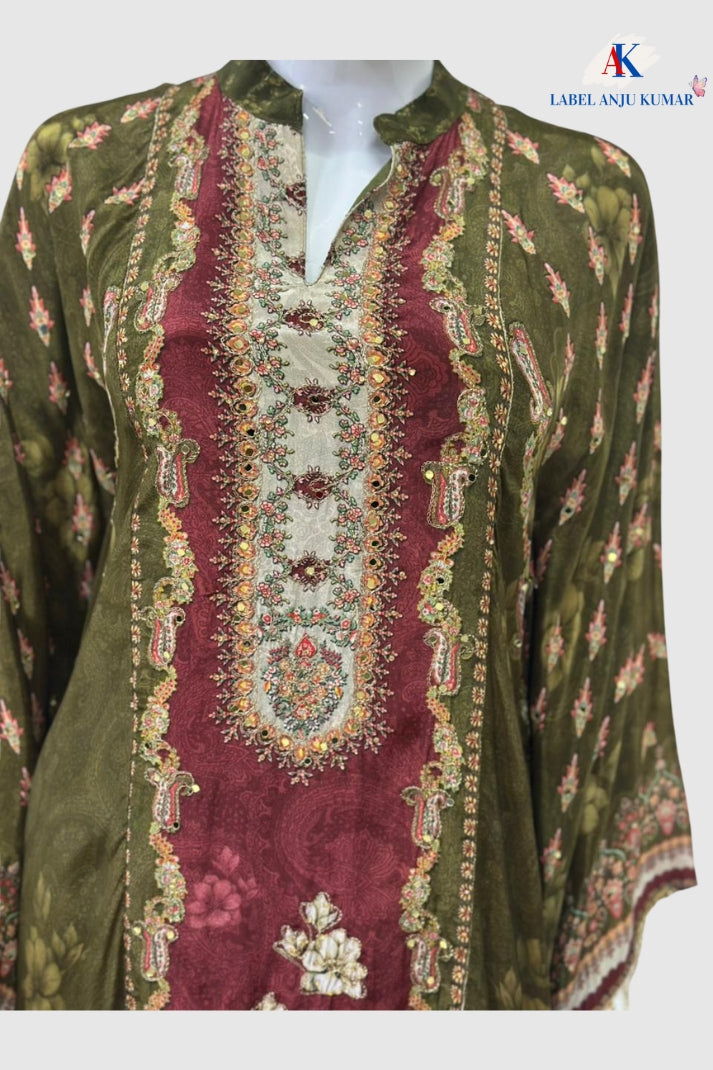 Green Print Crape Silk Kaftan C-Cut Coord Set – Elegant Formal Women’s Ethnic Wear