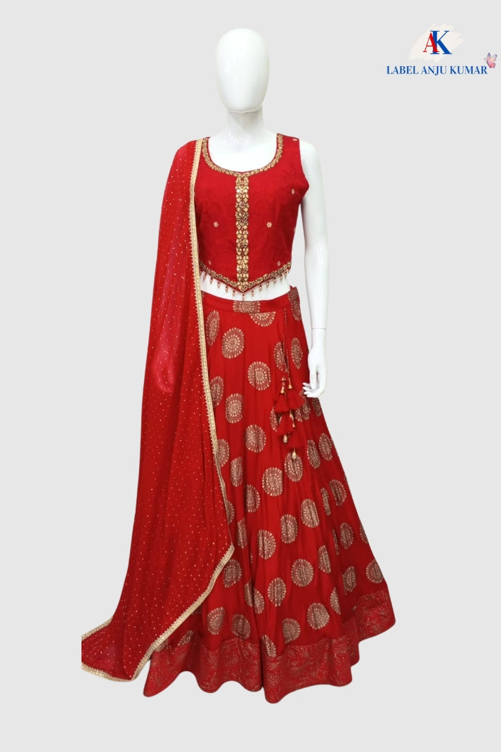 Red Chinon Silk Hand-Embroidered Lehenga Choli Dupatta Set – Party Wear Women’s Ethnic Outfit