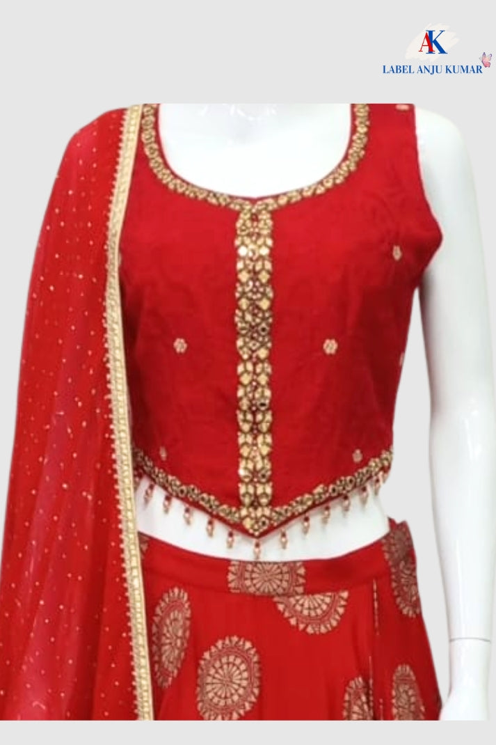Red Chinon Silk Hand-Embroidered Lehenga Choli Dupatta Set – Party Wear Women’s Ethnic Outfit