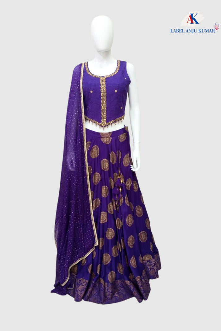Purple Chinon Silk Hand-Embroidered Lehenga Choli Dupatta Set – Elegant Party Wear Ethnic Outfit
