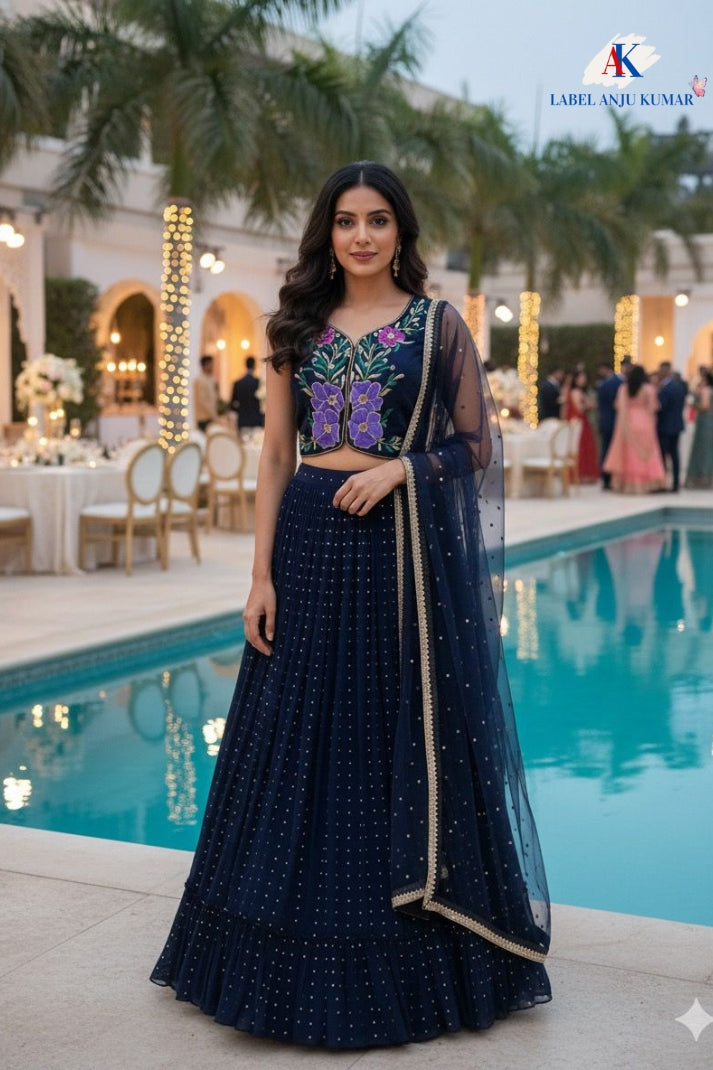 Navy Silk Hand-Embroidered Lehenga Choli Dupatta Set – Party Wear Women’s Ethnic Outfit
