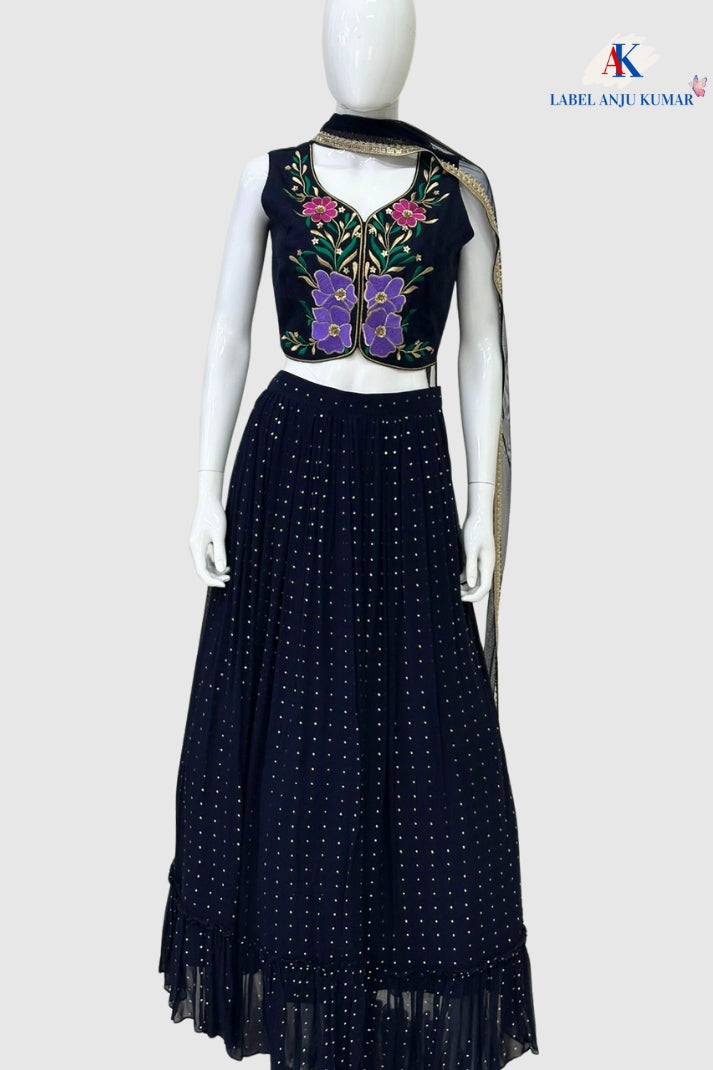 Navy Silk Hand-Embroidered Lehenga Choli Dupatta Set – Party Wear Women’s Ethnic Outfit