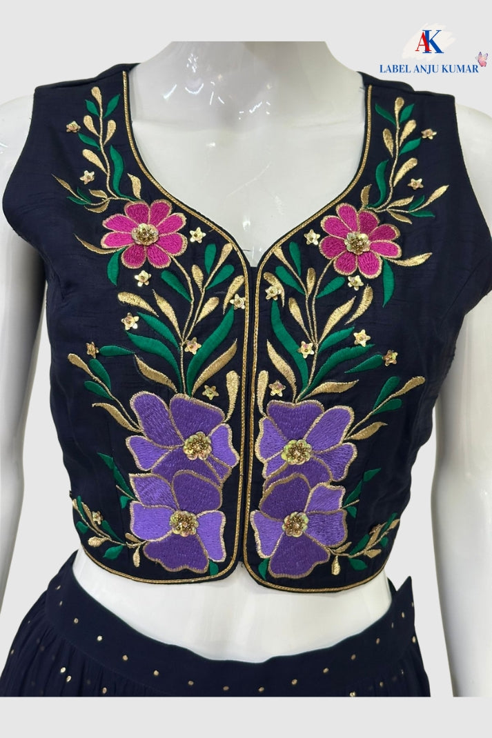 Navy Silk Hand-Embroidered Lehenga Choli Dupatta Set – Party Wear Women’s Ethnic Outfit