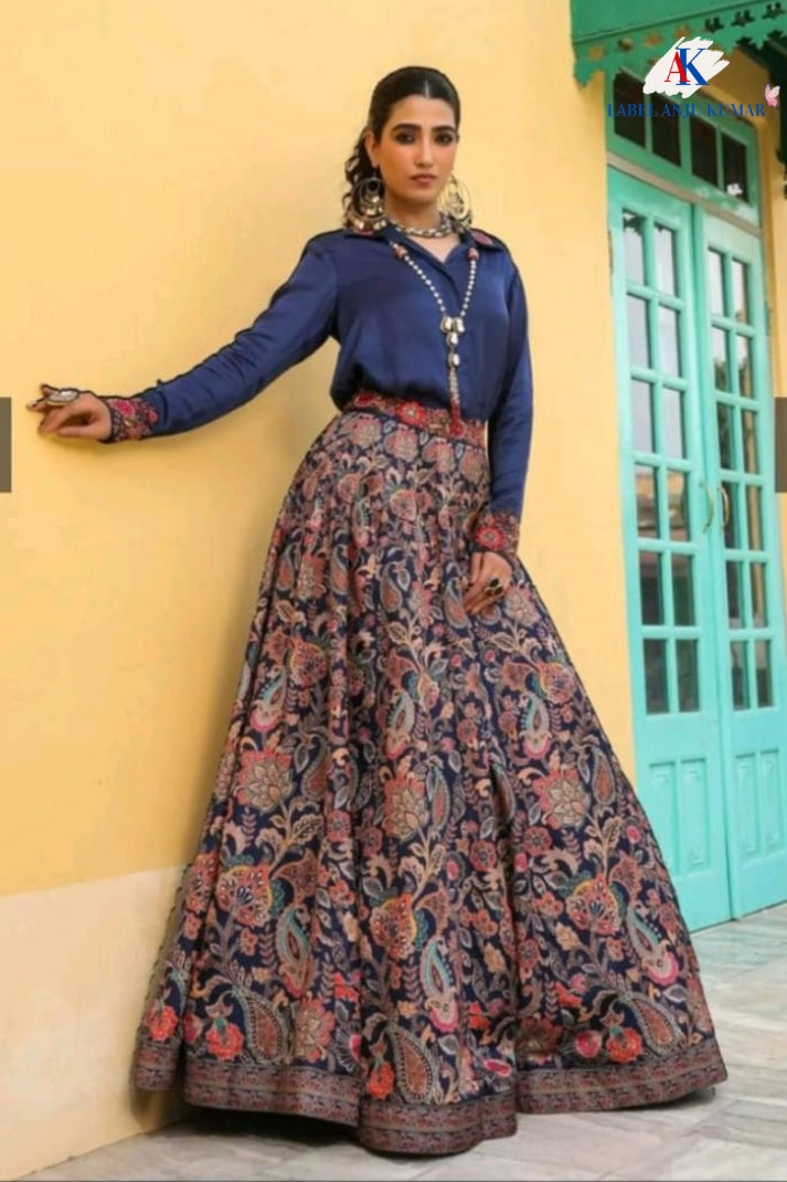 Navy Silk Printed Lehenga with Hand-Embroidered Collar Shirt – Party Wear Women’s Ethnic Outfit