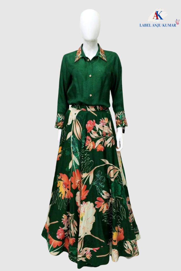 Green Silk Printed Lehenga with Hand-Embroidered Collar Shirt – Party Wear Women’s Ethnic Outfit