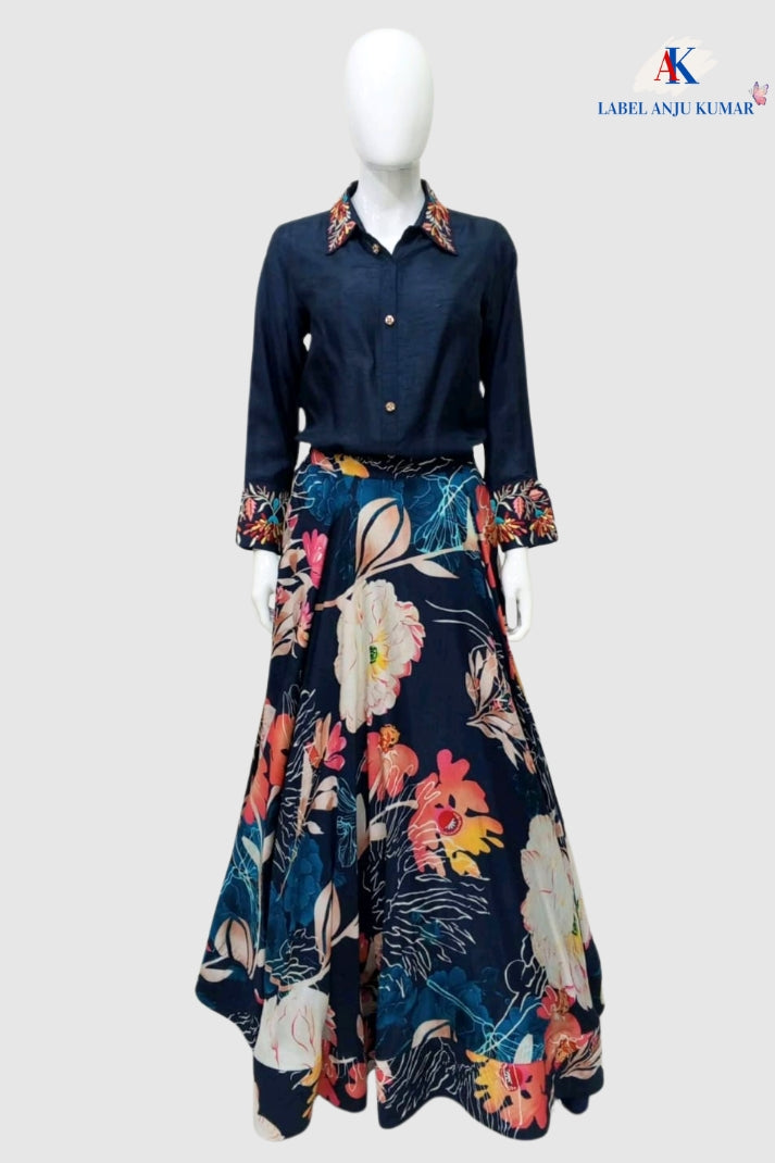 Navy Silk Printed Lehenga with Hand-Embroidered Collar Shirt – Party Wear Women’s Ethnic Outfit