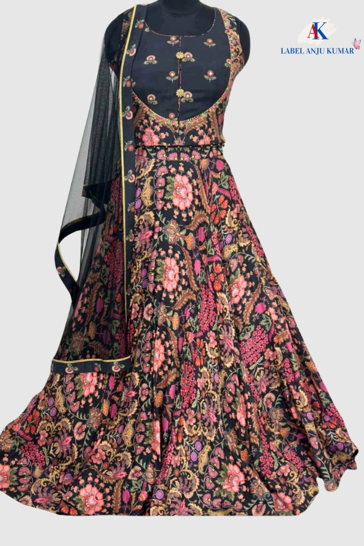 Black Muslin Hand-Embroidered Lehenga Choli Dupatta Set – Party Wear Women’s Ethnic Outfit