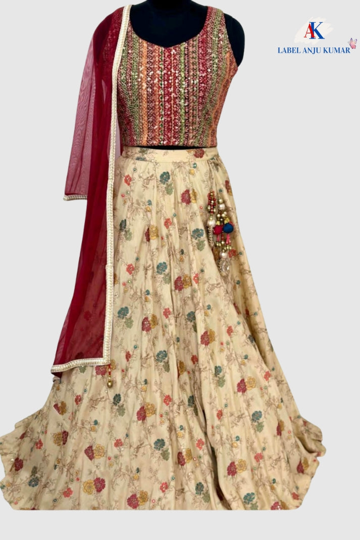 Beige Silk Thread-Embroidered Lehenga Choli Dupatta Set – Party Wear Women’s Ethnic Outfit
