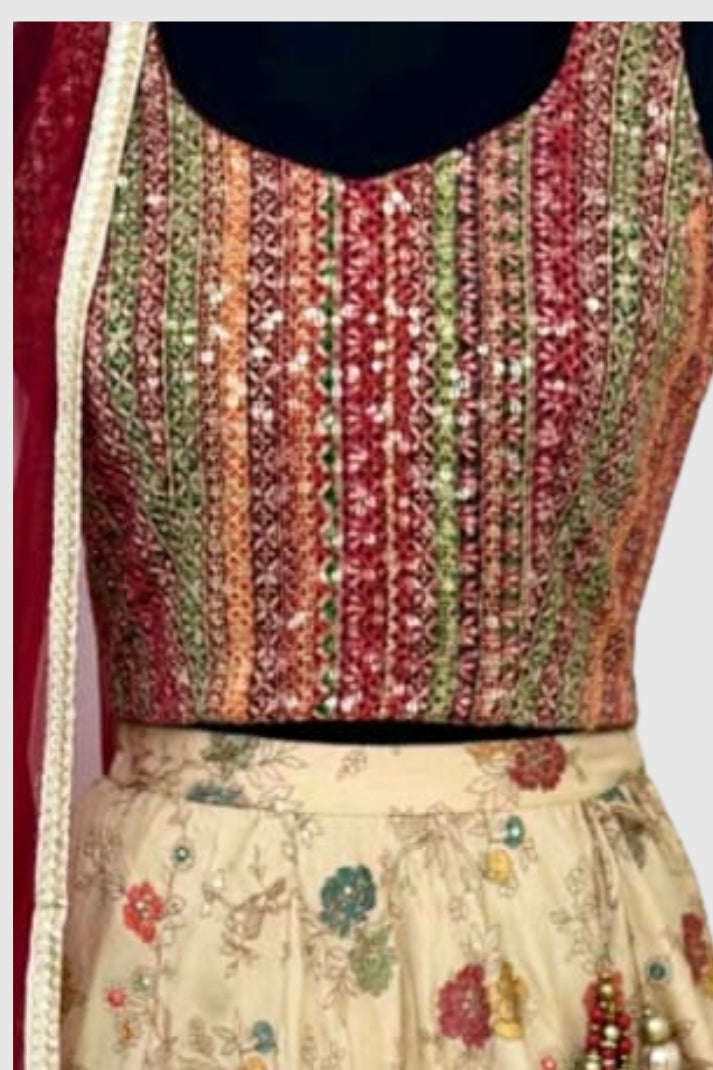Beige Silk Thread-Embroidered Lehenga Choli Dupatta Set – Party Wear Women’s Ethnic Outfit