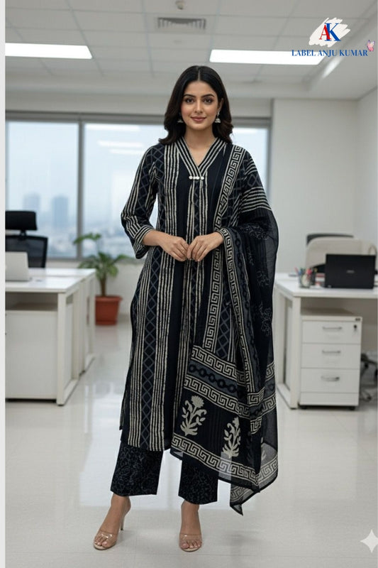Black A LINE  Pleated Cotton Print Suit Dupatta Set | Label Anju Kumar