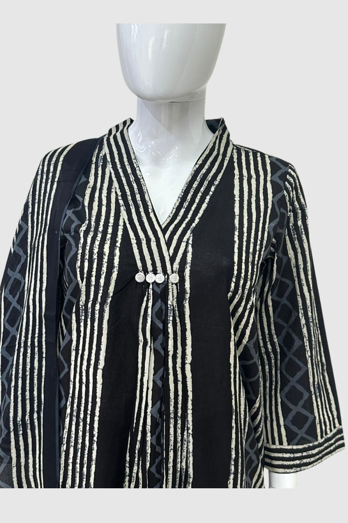 Black A LINE  Pleated Cotton Print Suit Dupatta Set | Label Anju Kumar