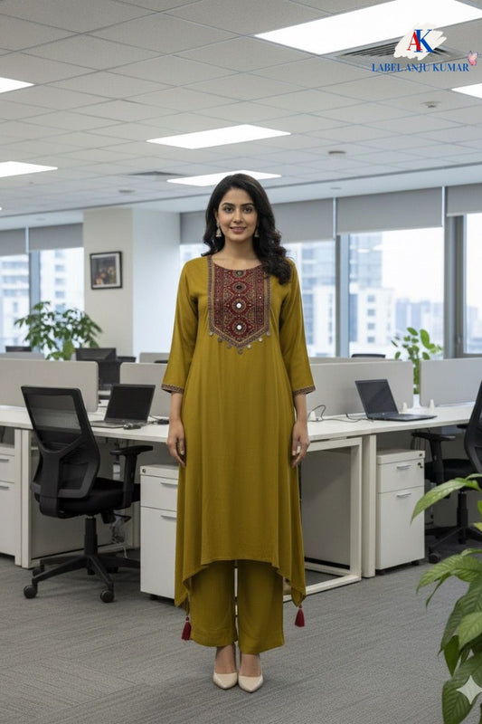 Mustard Rayon-Cotton Coord Set with Kalamkari Print Patchwork on Neck & Straight Trousers | Label Anju Kumar