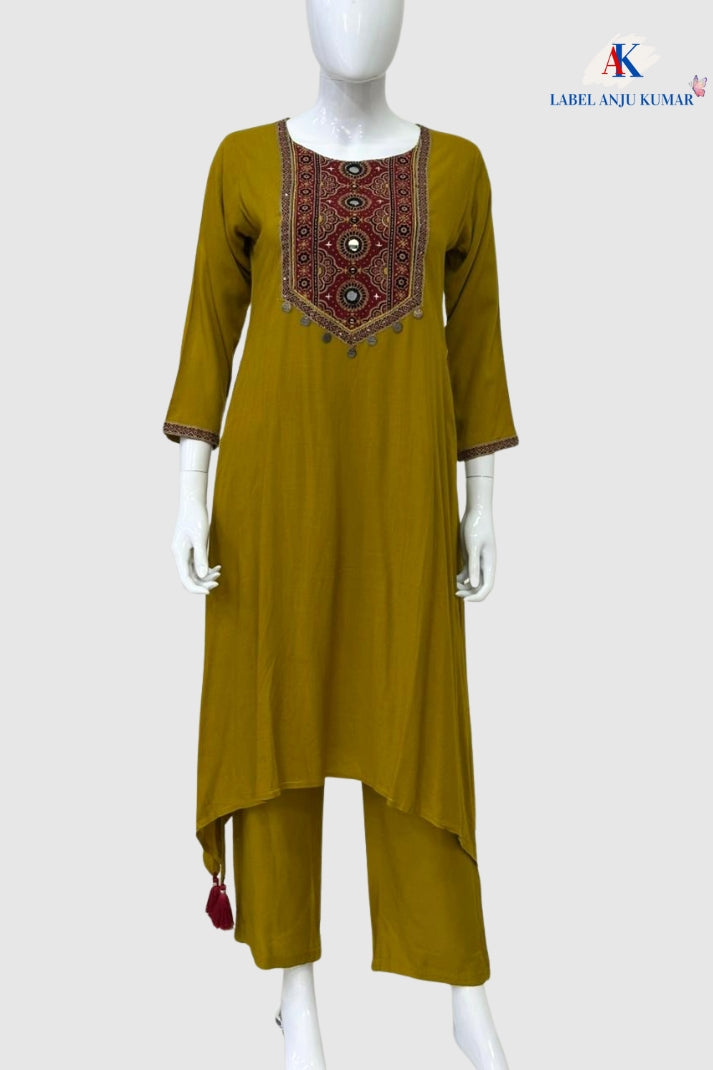 Mustard Rayon-Cotton Coord Set with Kalamkari Print Patchwork on Neck & Straight Trousers | Label Anju Kumar