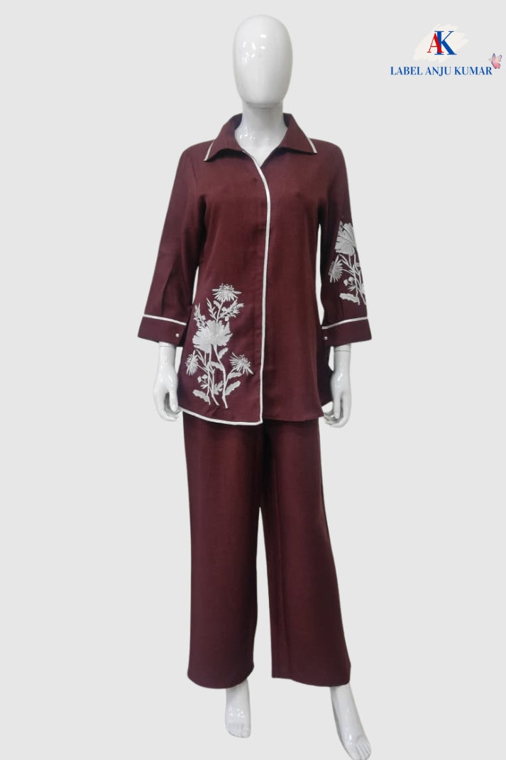 Rust Cotton Lilen Coord Set with Collar Style & Thread Work | Label Anju Kumar