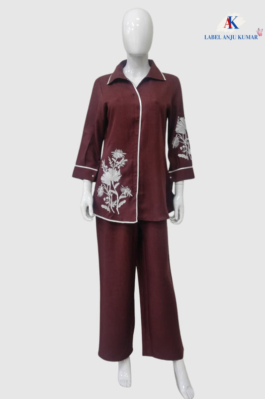 Rust Cotton Lilen Coord Set with Collar Style & Thread Work | Label Anju Kumar