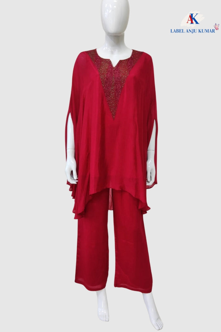 Majenta Chinon Kaftaan-Style Coord Set with Hand Embroidery & Straight Trousers | Label Anju Kumar