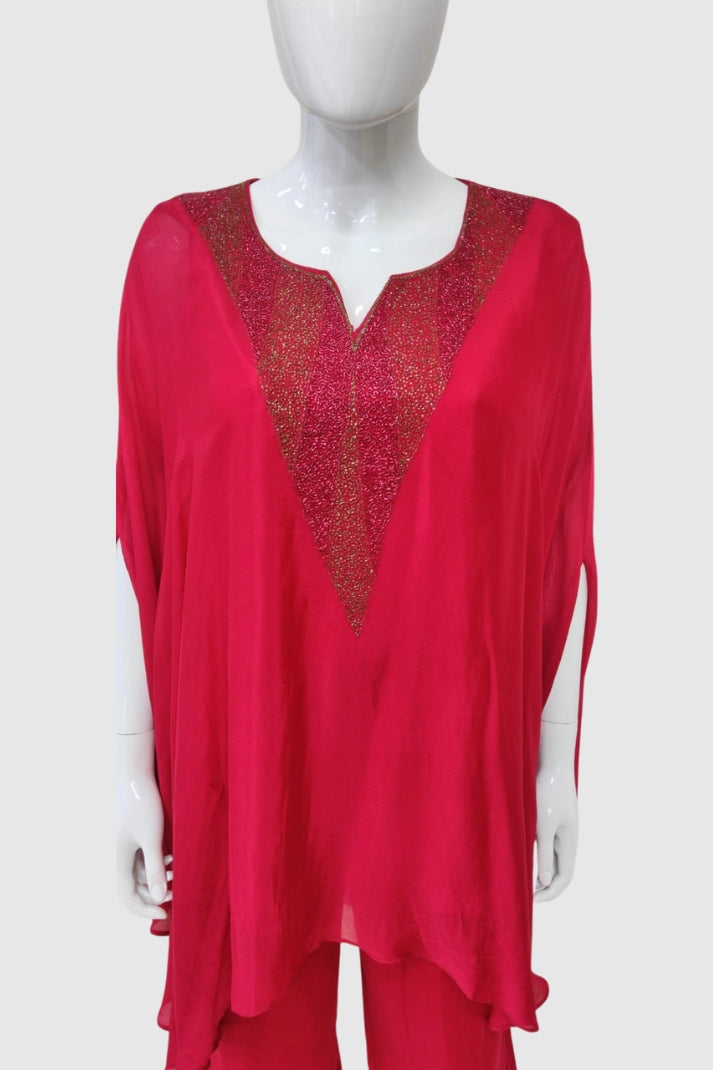 Majenta Chinon Kaftaan-Style Coord Set with Hand Embroidery & Straight Trousers | Label Anju Kumar