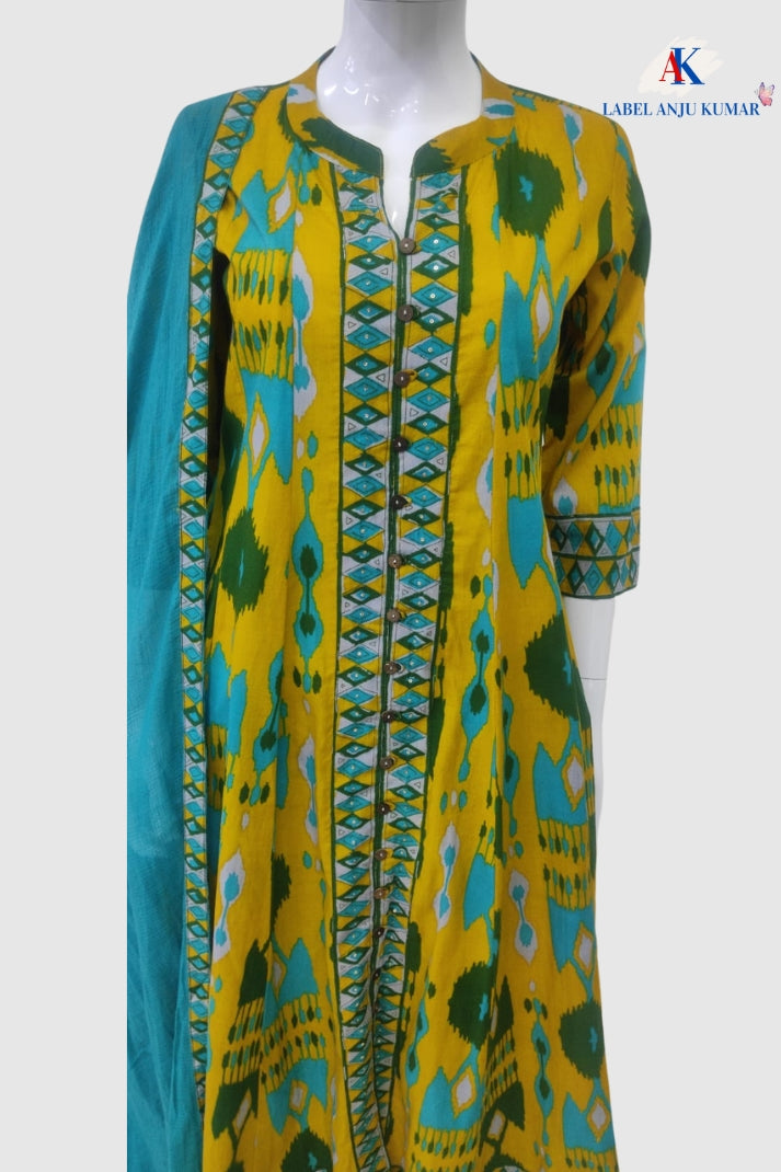 Green Cotton Embroidered Anarkali Suit Dupatta Set – Elegant Women’s Ethnic Wear