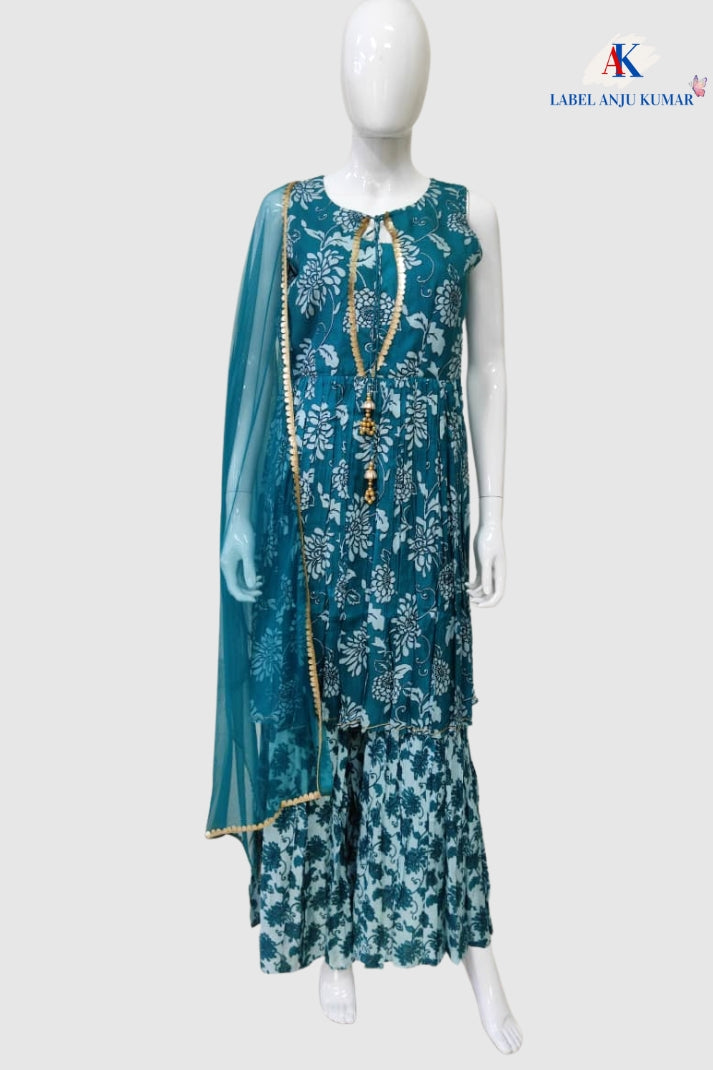 Green Pure Muslin Silk Printed Sharara Suit Dupatta Set – Festive Women’s Ethnic Wear
