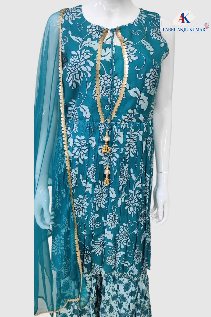 Green Pure Muslin Silk Printed Sharara Suit Dupatta Set – Festive Women’s Ethnic Wear