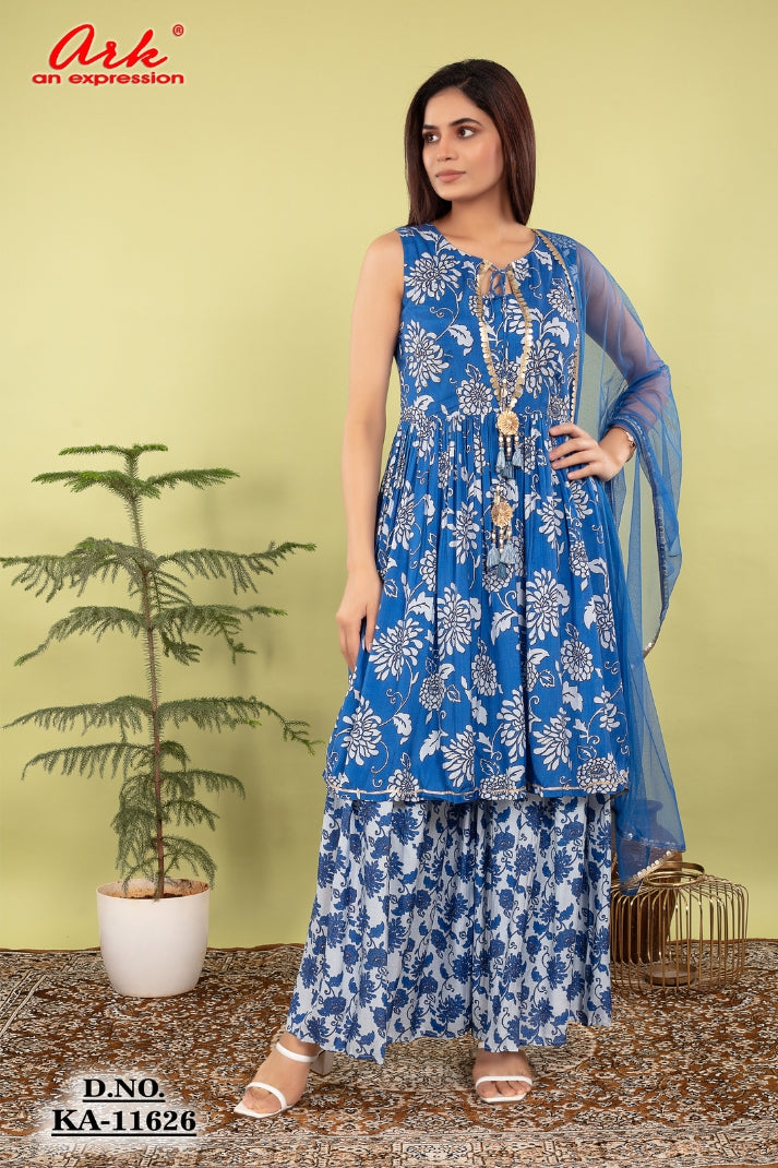 Royal Blue Pure Muslin Silk Printed Sharara Suit Dupatta Set – Elegant Women’s Ethnic Wear