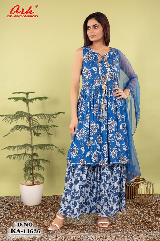 Royal Blue Pure Muslin Silk Printed Sharara Suit Dupatta Set – Elegant Women’s Ethnic Wear
