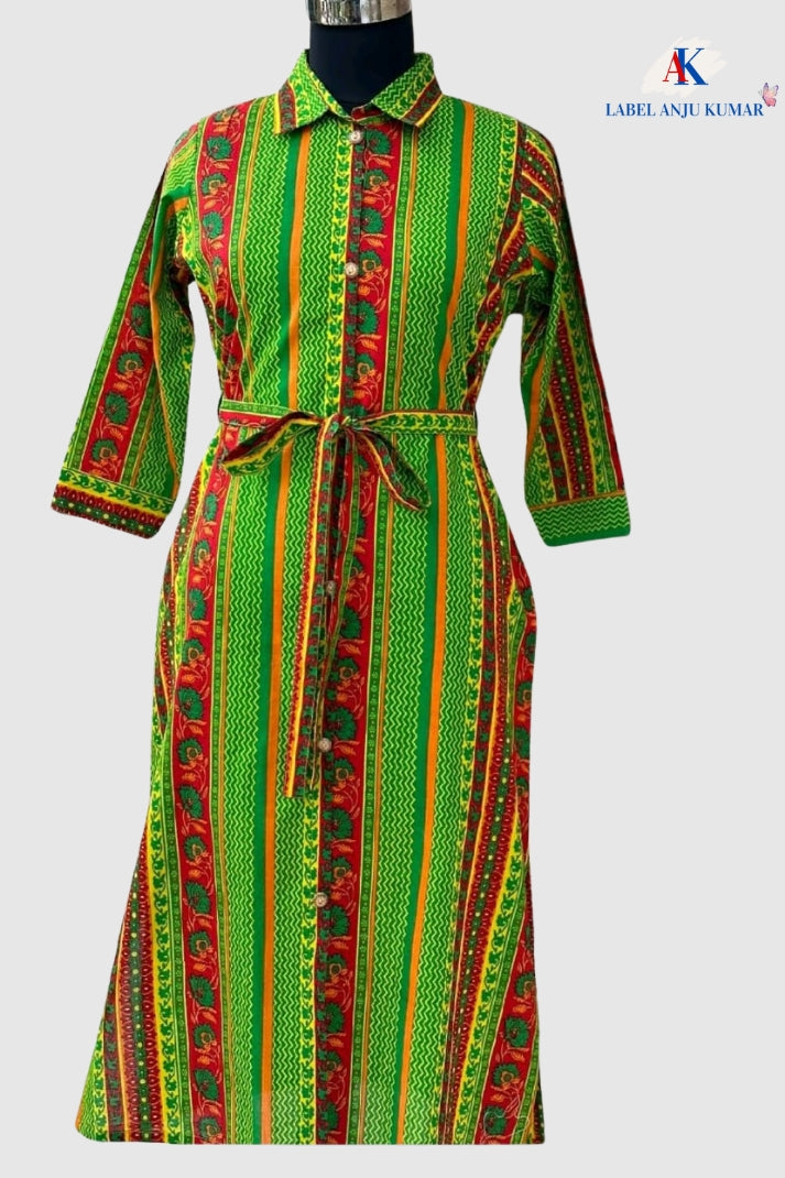 Printed Cotton Kurti with Shirt Collar Neck – Sizes S-5XL | Label Anju Kumar