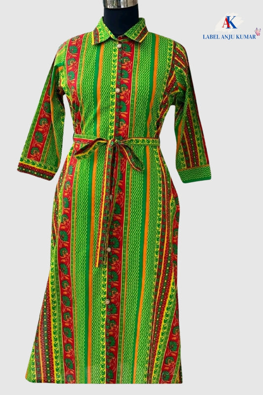 Printed Cotton Kurti with Shirt Collar Neck – Sizes S-5XL | Label Anju Kumar