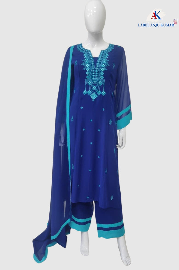 Royal Blue Georgette Embroidered Straight Suit Dupatta Set – Semi Formal Ethnic Wear