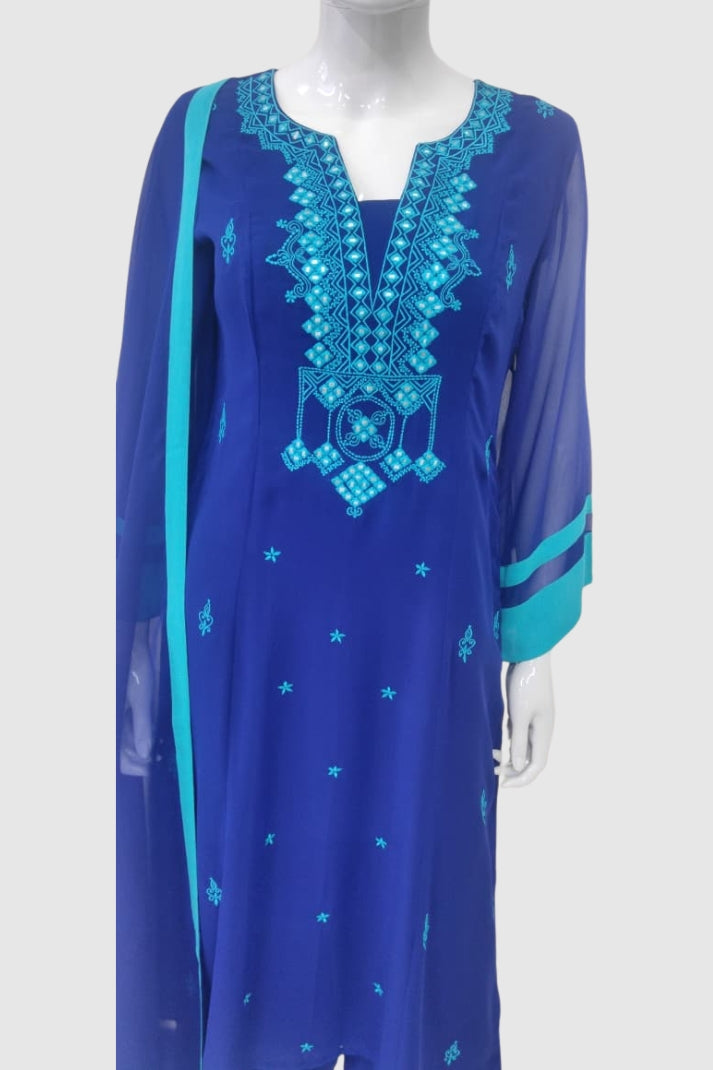 Royal Blue Georgette Embroidered Straight Suit Dupatta Set – Semi Formal Ethnic Wear
