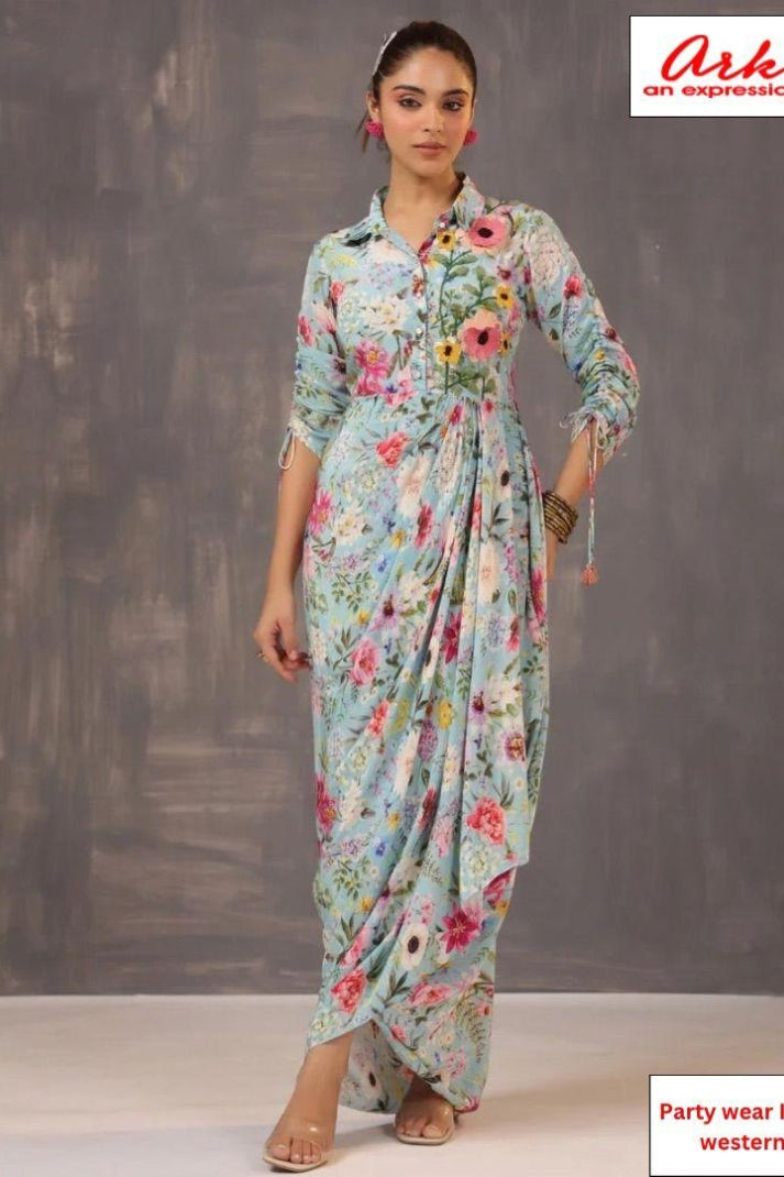 Sky Print Muslin Indo-Western Drape Dress – Semi Formal Women’s Ethnic Wear