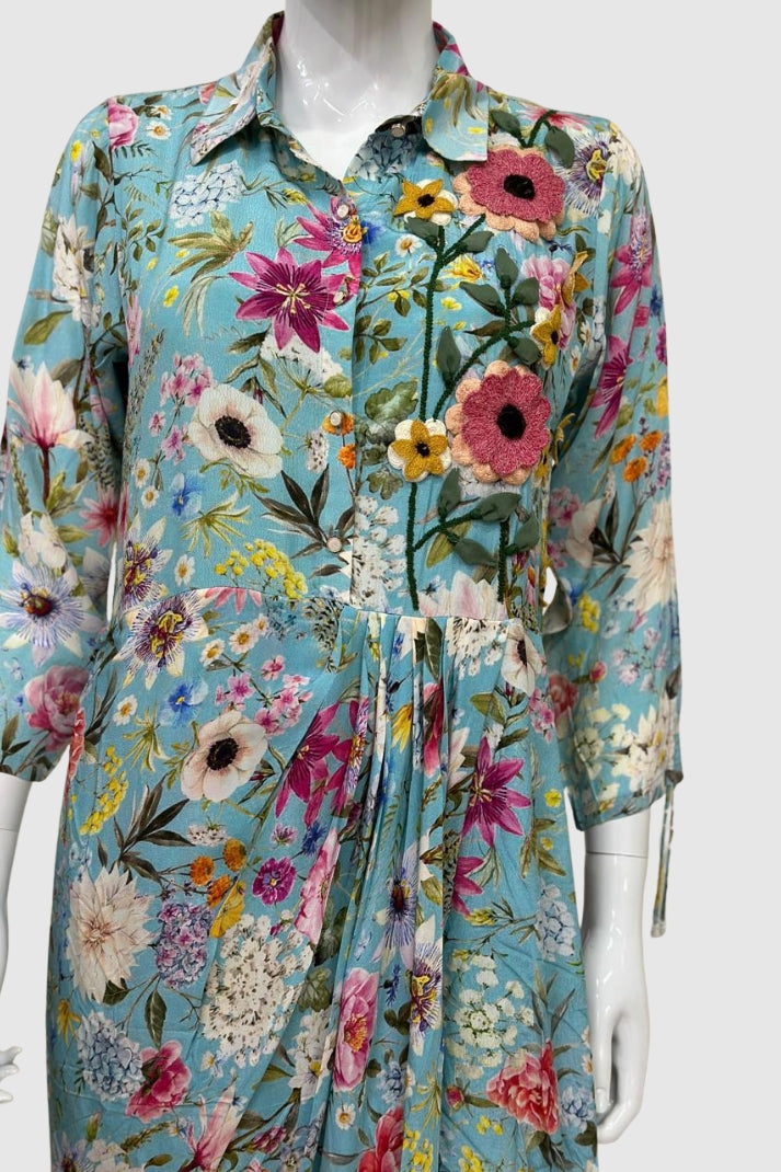 Sky Print Muslin Indo-Western Drape Dress – Semi Formal Women’s Ethnic Wear