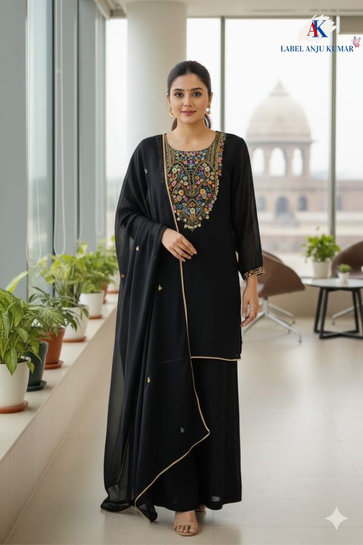 Black Viscose Georgette Partywear Coord Set with Zardozi Embroidery – Women’s Ethnic Wear