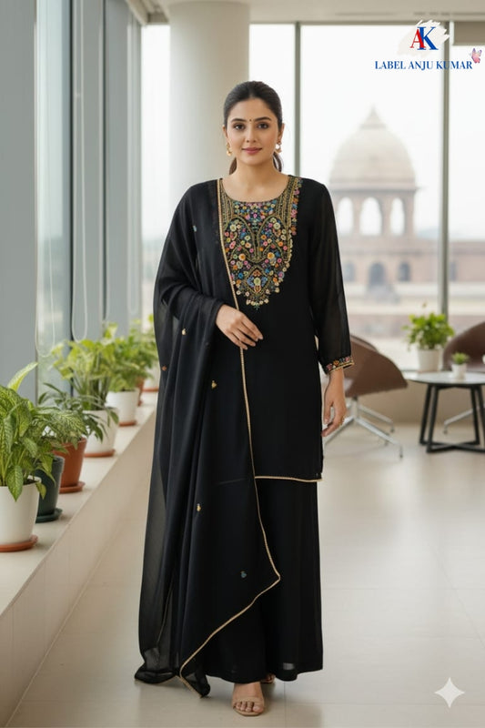 Black Viscose Georgette Partywear Coord Set with Zardozi Embroidery – Women’s Ethnic Wear