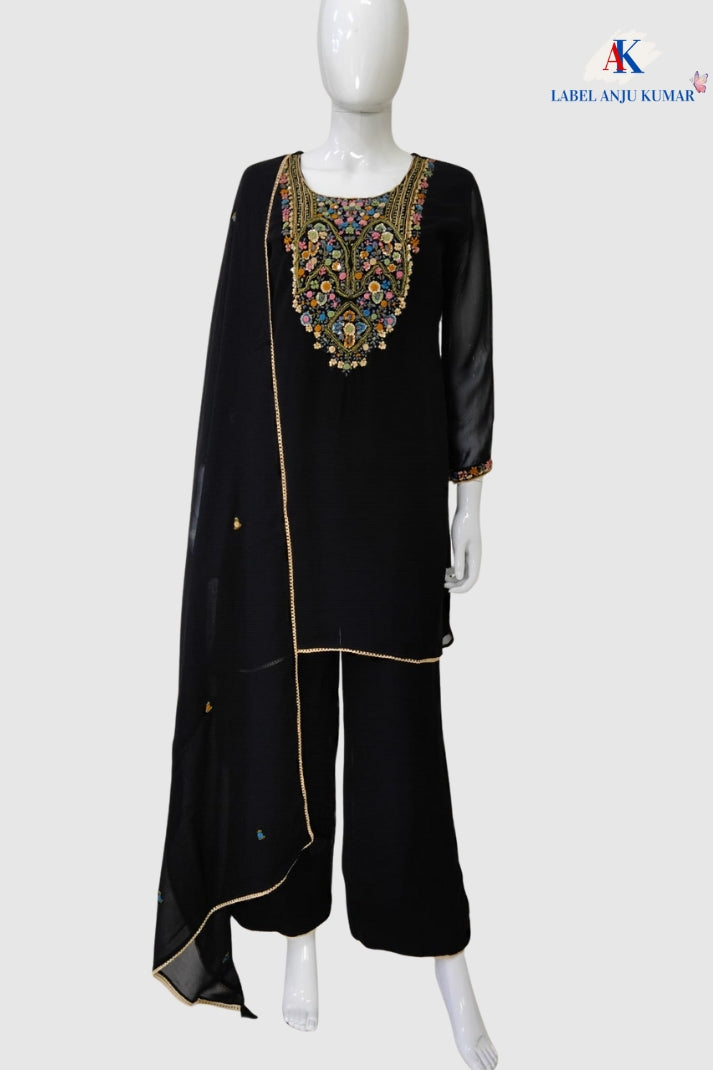 Black Viscose Georgette Partywear Coord Set with Zardozi Embroidery – Women’s Ethnic Wear