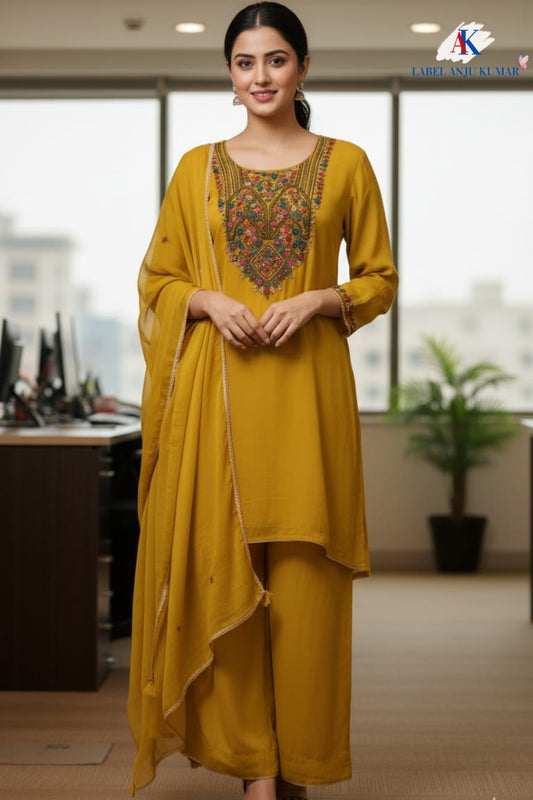 Mustard Viscose Georgette Partywear Coord Set with Zardozi Embroidery – Women’s Ethnic Wear