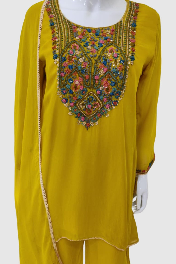 Mustard Viscose Georgette Partywear Coord Set with Zardozi Embroidery – Women’s Ethnic Wear