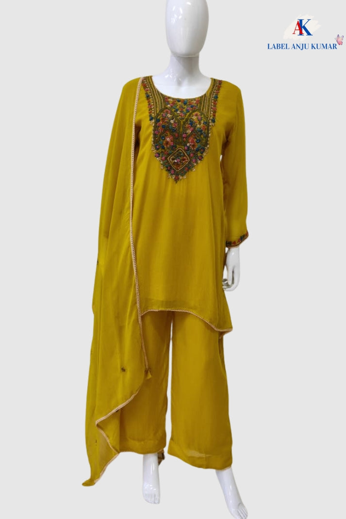 Mustard Viscose Georgette Partywear Coord Set with Zardozi Embroidery – Women’s Ethnic Wear
