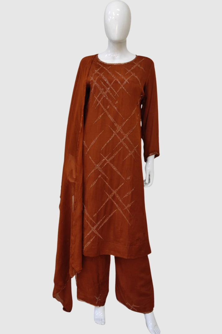 Copper Pure Chinon Silk Party Wear Suit with Katdana Handwork – Women’s Ethnic Wear